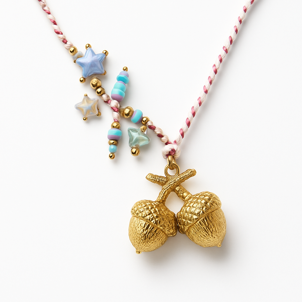 Braided Turquoise Cord Necklace with Gold Fish and Seahorse Charms
