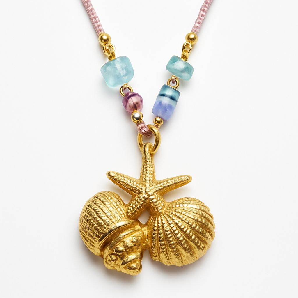 Braided Pink Cord Necklace with Gold Starfish and Shell Cluster