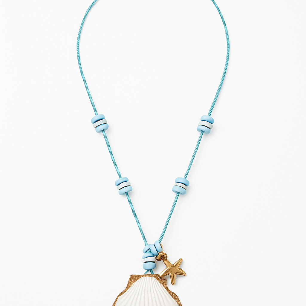 Braided Pink Cord Necklace with Gold Starfish and Shell Cluster