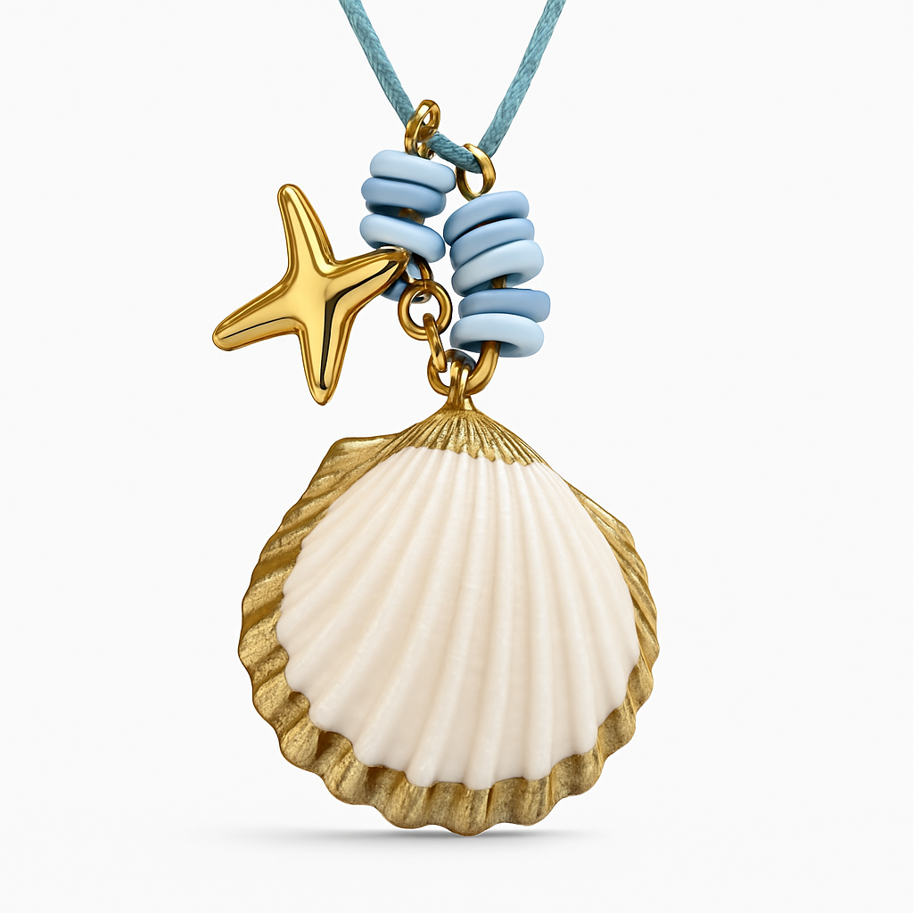 Mint Cord Necklace with Real Shell and Gold Starfish Charm