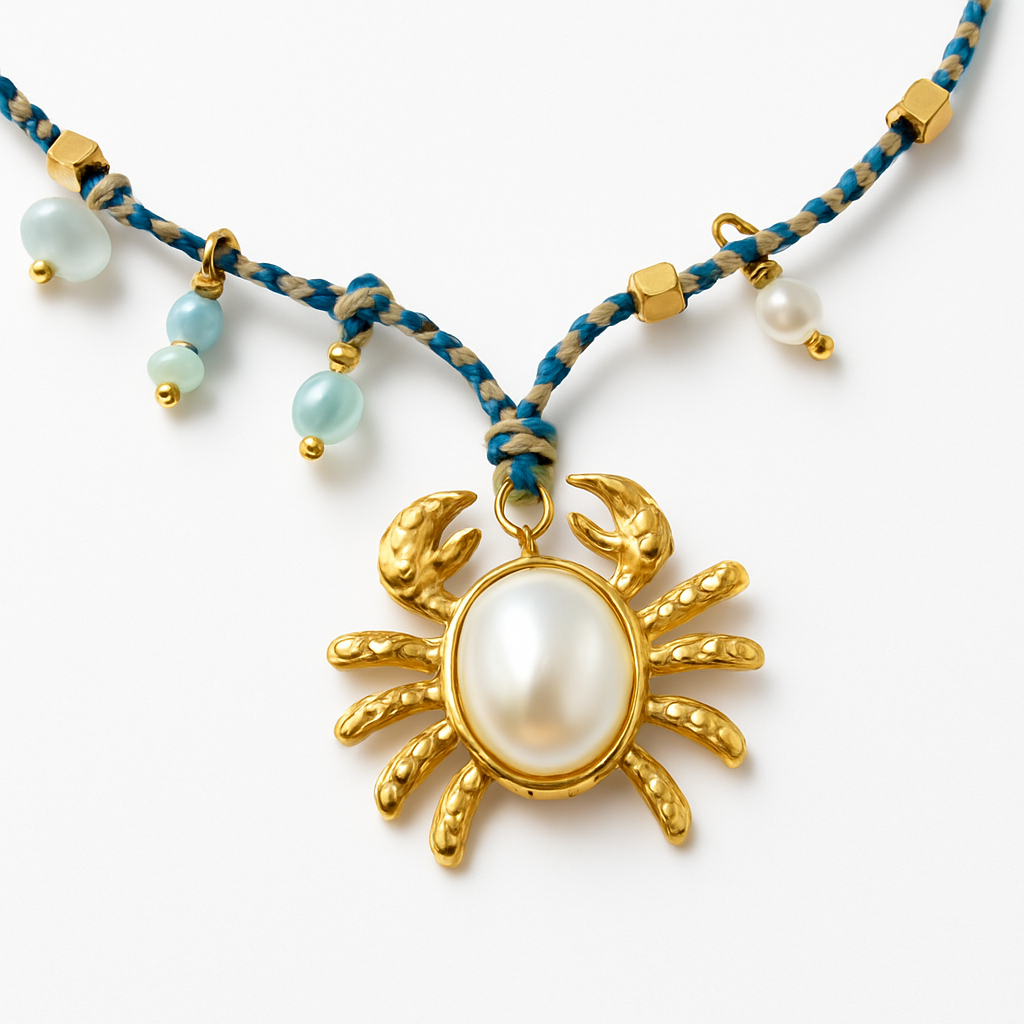 Mint Cord Necklace with Real Shell and Gold Starfish Charm