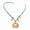 Braided Turquoise Cord Necklace with Gold Crab and Pearl Pendant