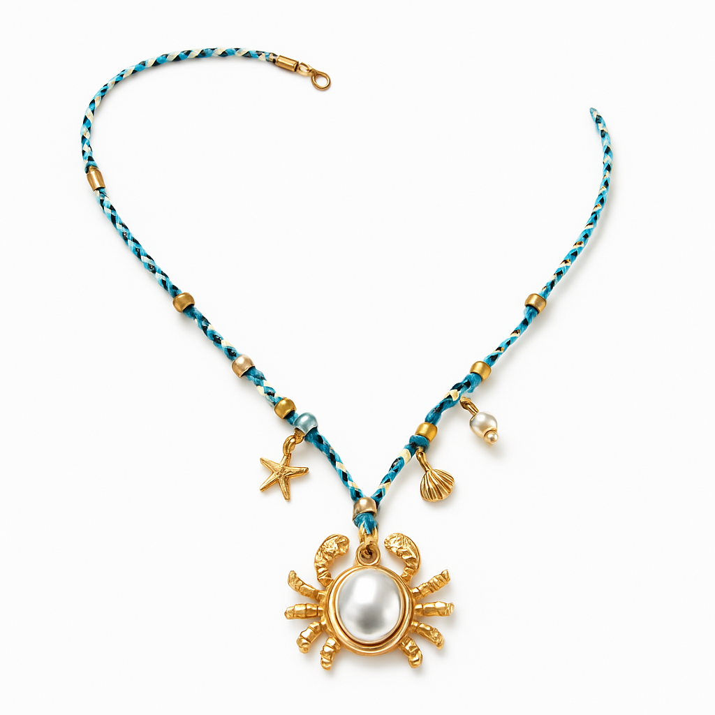 Braided Turquoise Cord Necklace with Gold Crab and Pearl Pendant