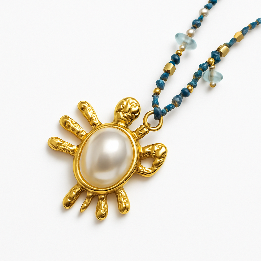 Braided Turquoise Cord Necklace with Gold Crab and Pearl Pendant