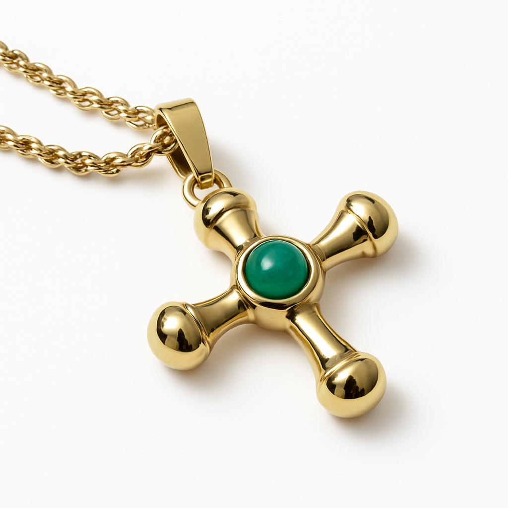 Gold Ball-Tip Cross Pendant Necklace with Green Stone Center