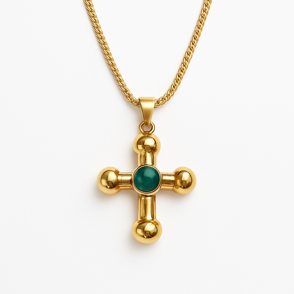Gold Ball-Tip Cross Pendant Necklace with Green Stone Center