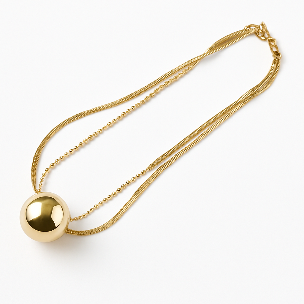 Gold Double Strand Layered Necklace with Gold Ball Pendant
