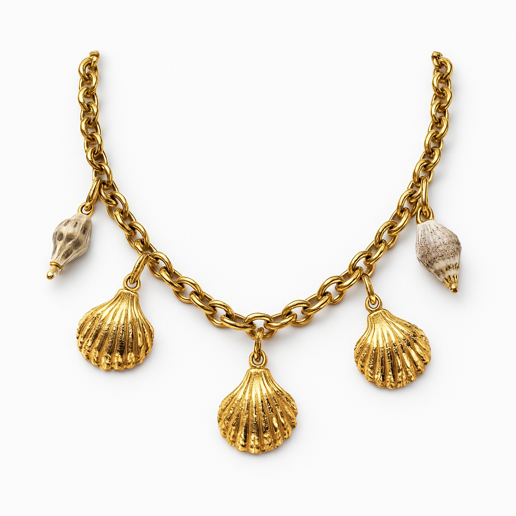 Gold Chain Necklace with Scallop Shell and Conch Charm Pendants