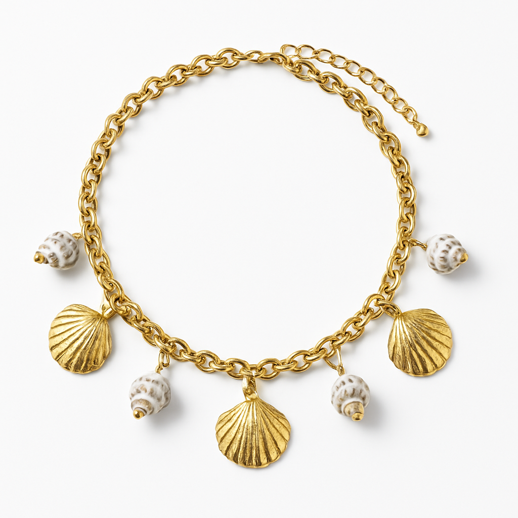 Gold Chain Necklace with Scallop Shell and Conch Charm Pendants