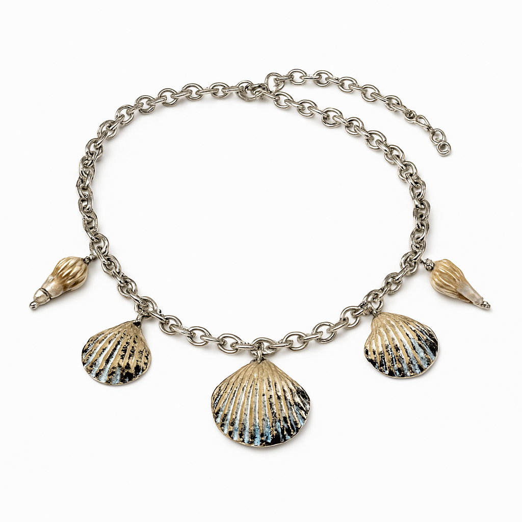 Gold Chain Necklace with Scallop Shell and Conch Charm Pendants