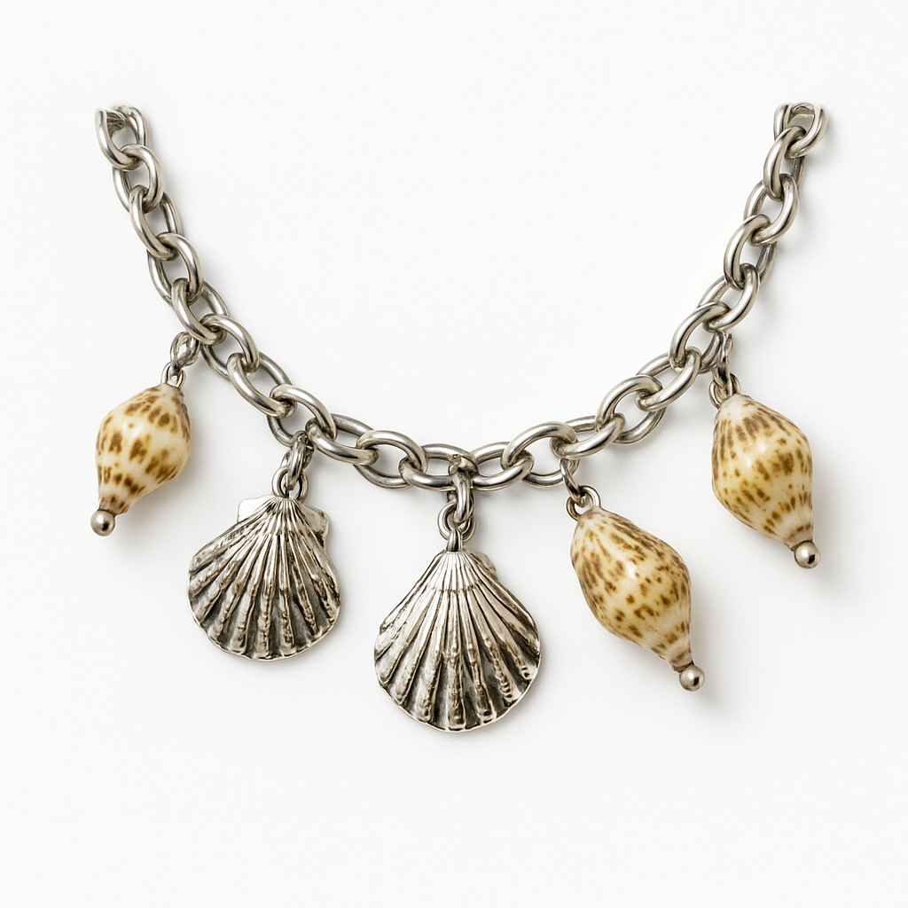Silver Chain Necklace with Scallop Shell and Conch Charm Pendants