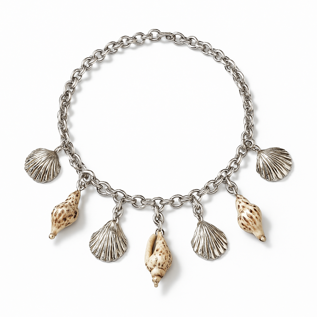 Silver Chain Necklace with Scallop Shell and Conch Charm Pendants