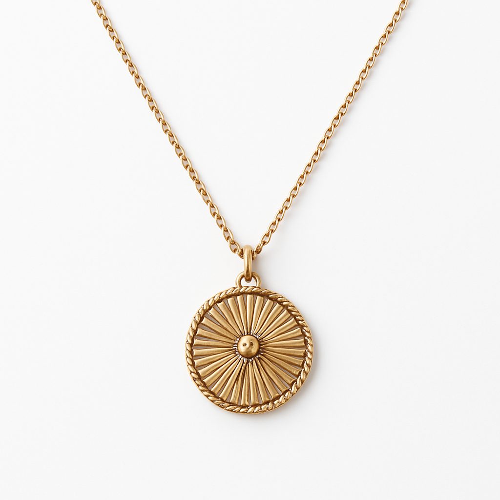 Gold Sunburst Radiant Wheel Disc Pendant Necklace