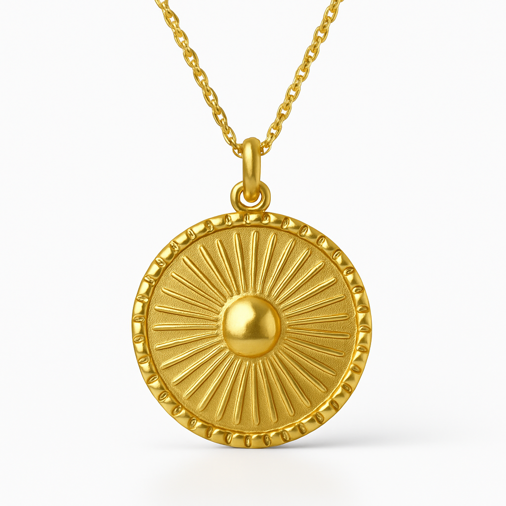 Gold Sunburst Radiant Wheel Disc Pendant Necklace