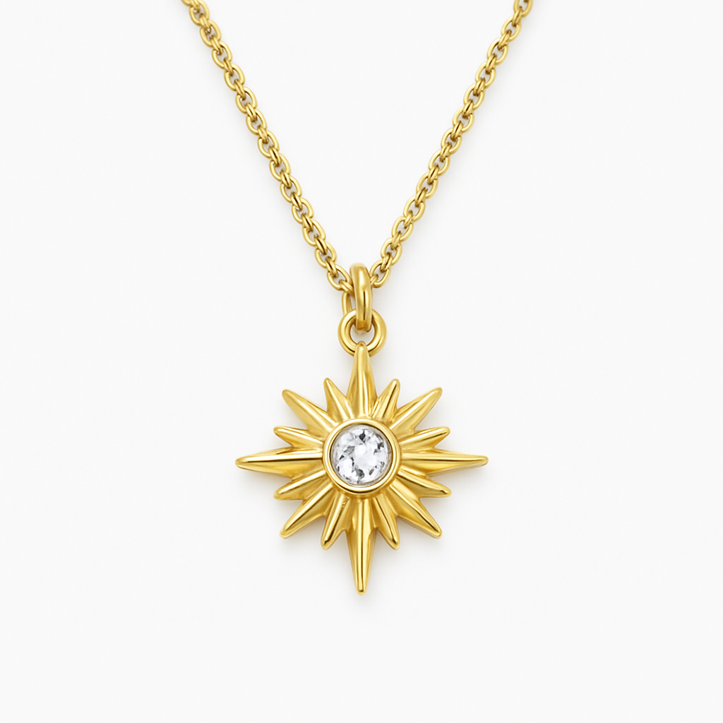 Gold North Star Starburst Crystal Pendant Necklace