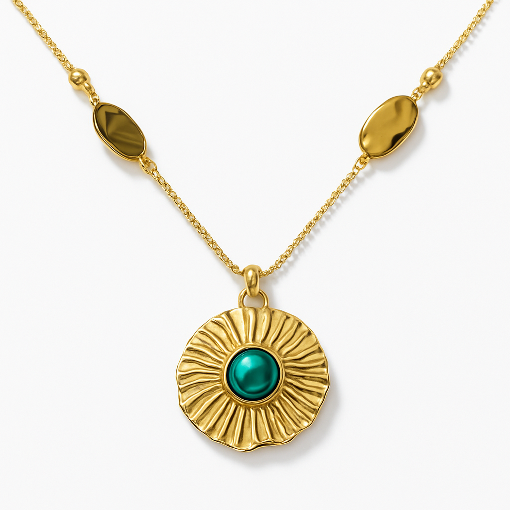 Gold Sunflower Disc Pendant Necklace with Teal Stone Center