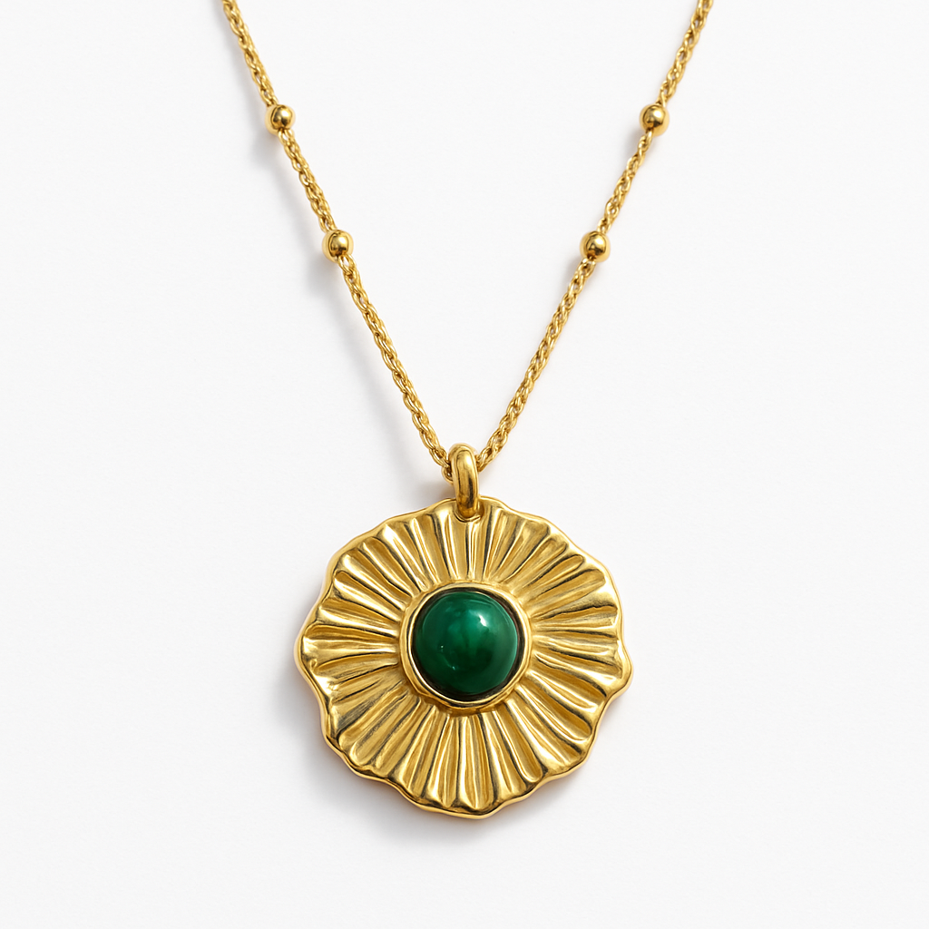 Gold Sunflower Disc Pendant Necklace with Teal Stone Center