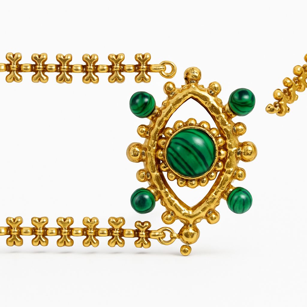 Gold Chain Necklace with Malachite Multi-Stone Medallion Pendant