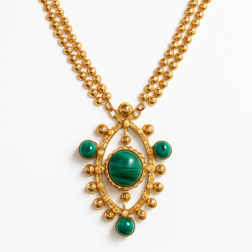 Gold Chain Necklace with Malachite Multi-Stone Medallion Pendant