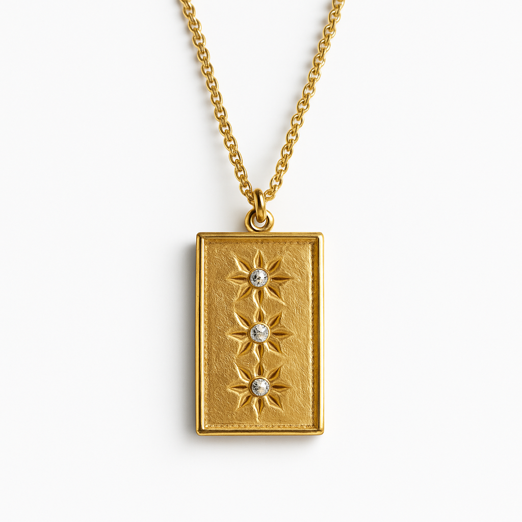 Gold Rectangular Pendant Necklace with Triple North Star Crystal Design