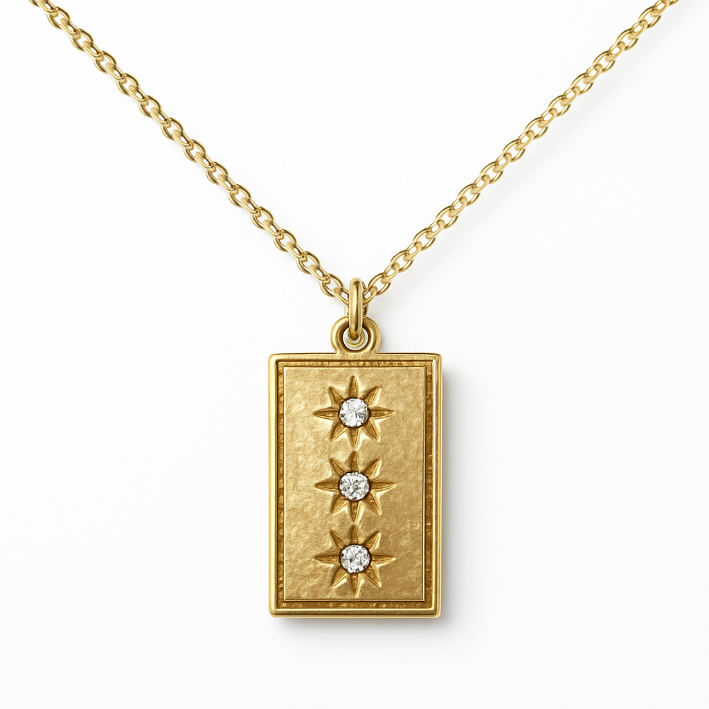 Gold Rectangular Pendant Necklace with Triple North Star Crystal Design