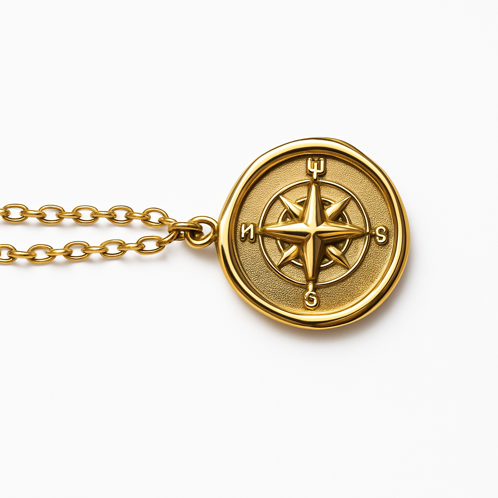 Gold Compass Rose Coin Pendant Necklace