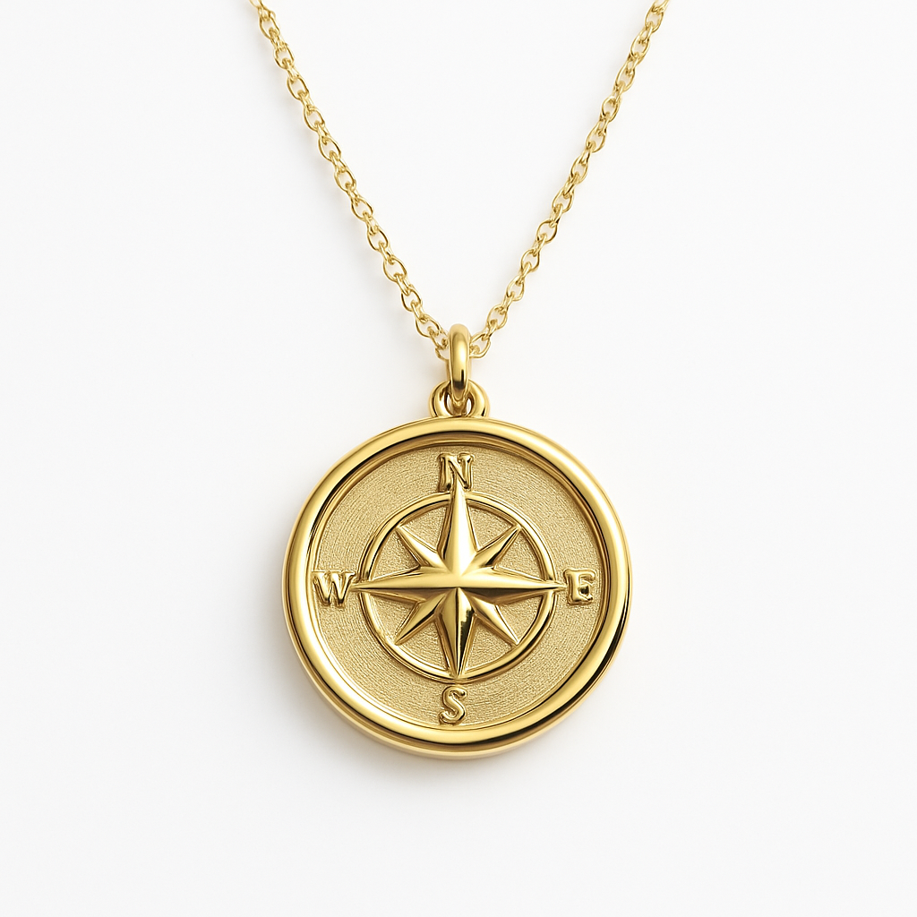 Gold Compass Rose Coin Pendant Necklace