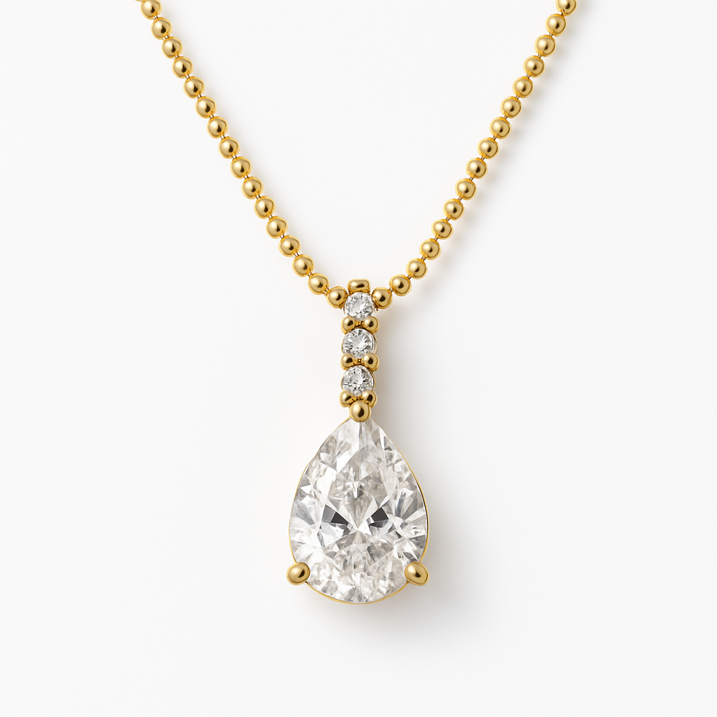 Gold Ball Chain Necklace with Pear Crystal Drop Pendant
