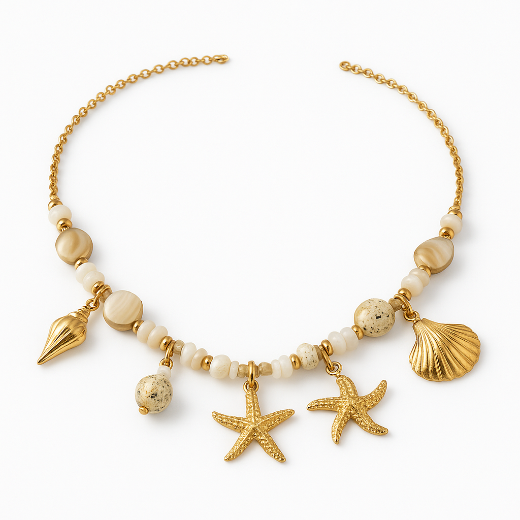 Gold Beaded Ocean Charm Necklace with Starfish Seashell and Conch Pendants