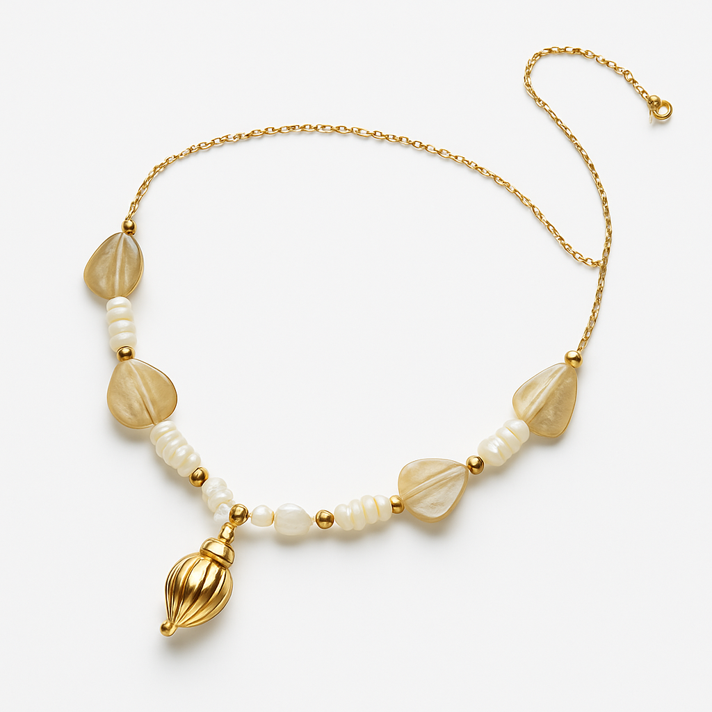 Gold Beaded Ocean Charm Necklace with Starfish Seashell and Conch Pendants