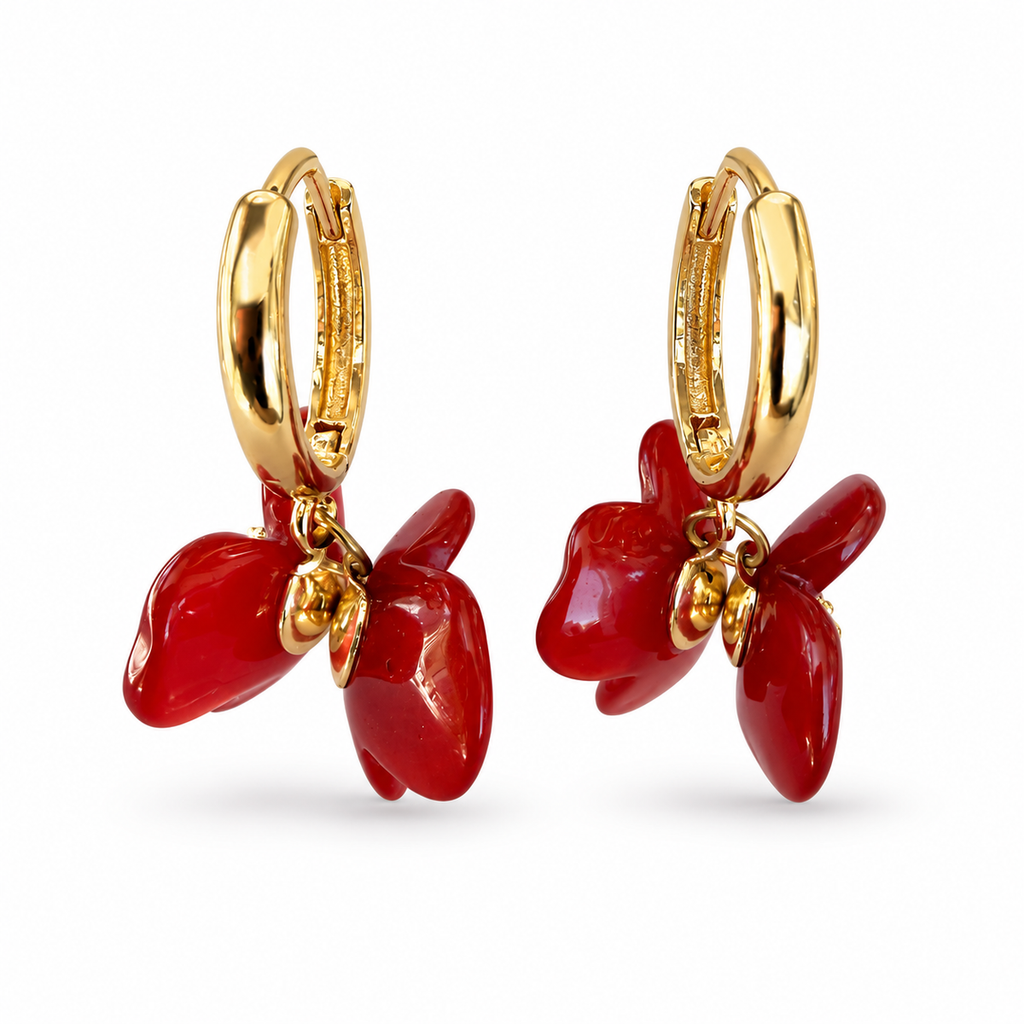 Red Floral Butterfly Enamel Hoop Earrings - view 1
