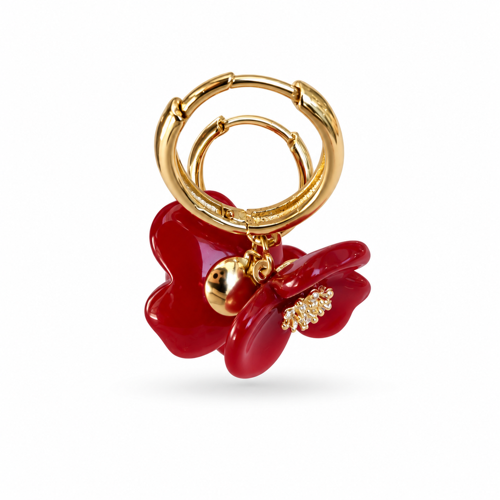 Red Floral Butterfly Enamel Hoop Earrings - view 2