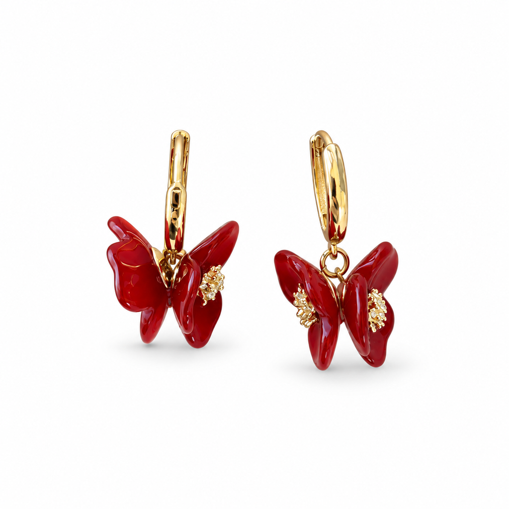 Red Floral Butterfly Enamel Hoop Earrings - view 4