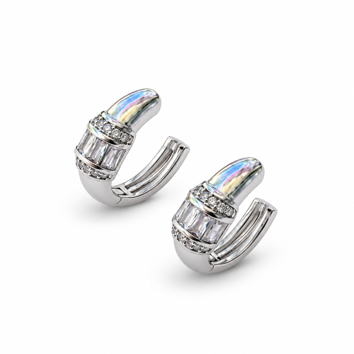 Silver Baguette Crystal Huggie Earrings - view 2