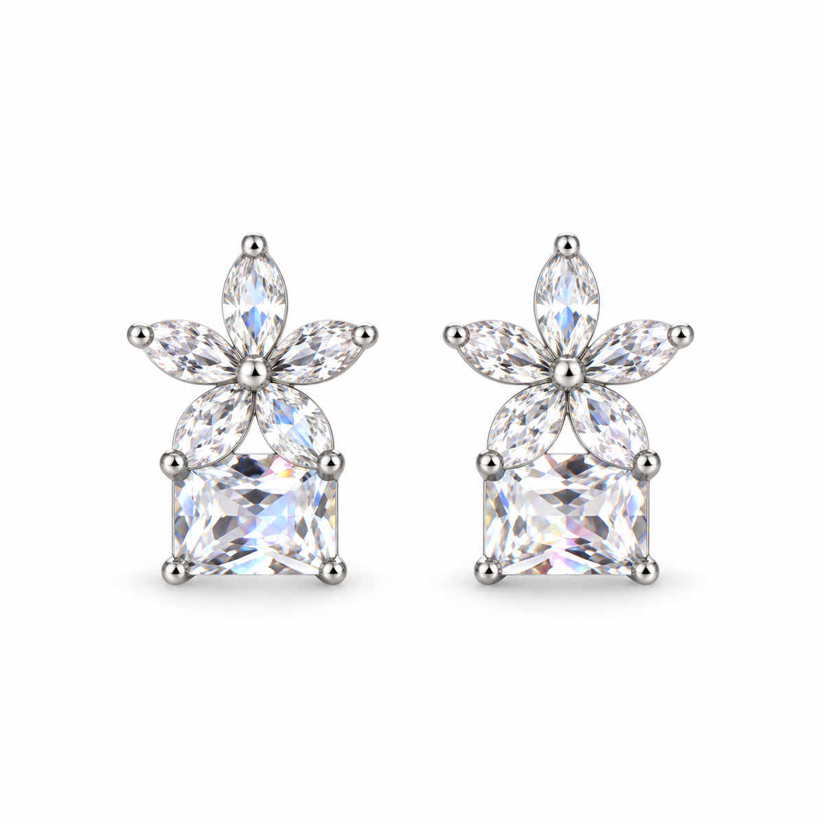Silver Crystal Floral Stud Earrings - view 1