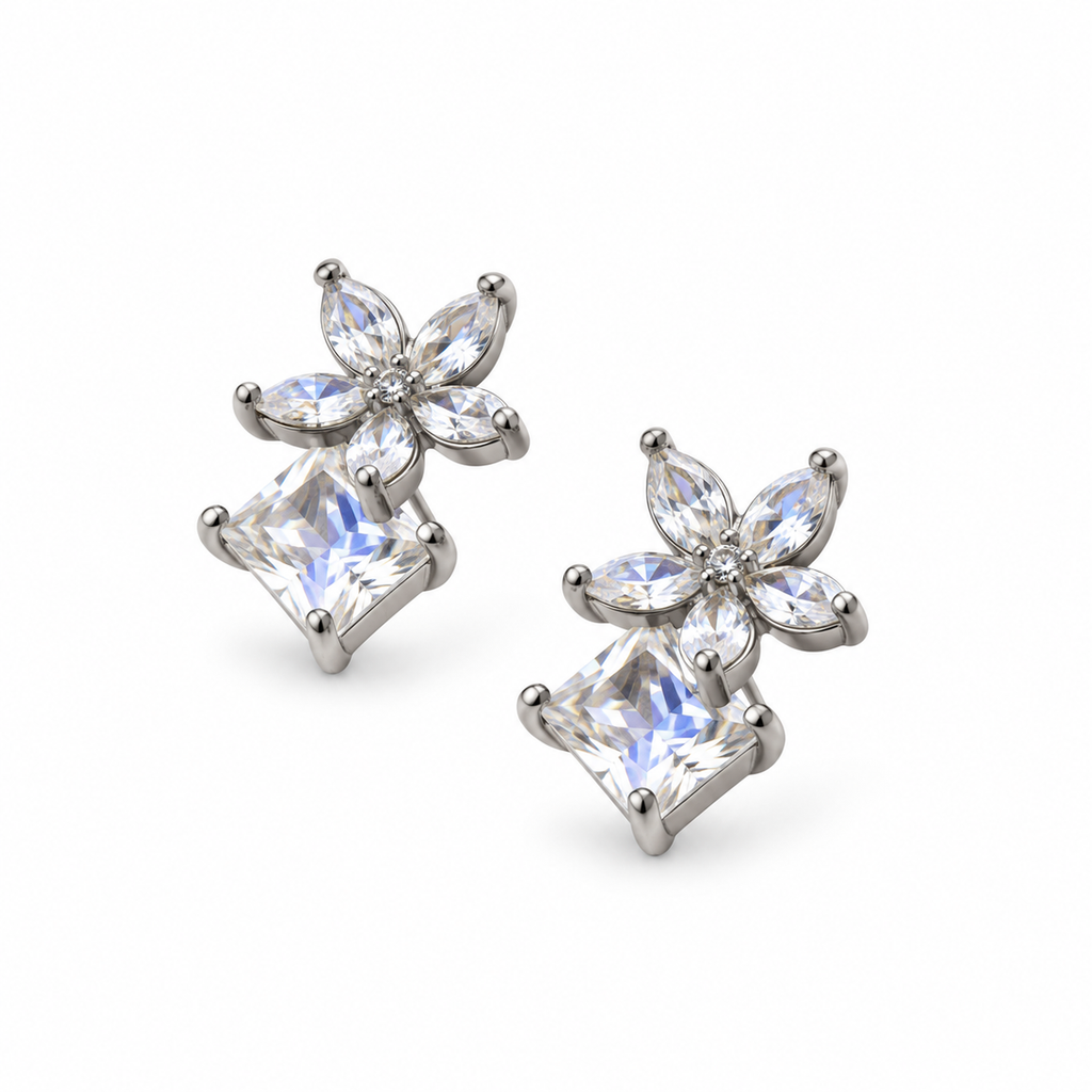 Silver Crystal Floral Stud Earrings - view 2