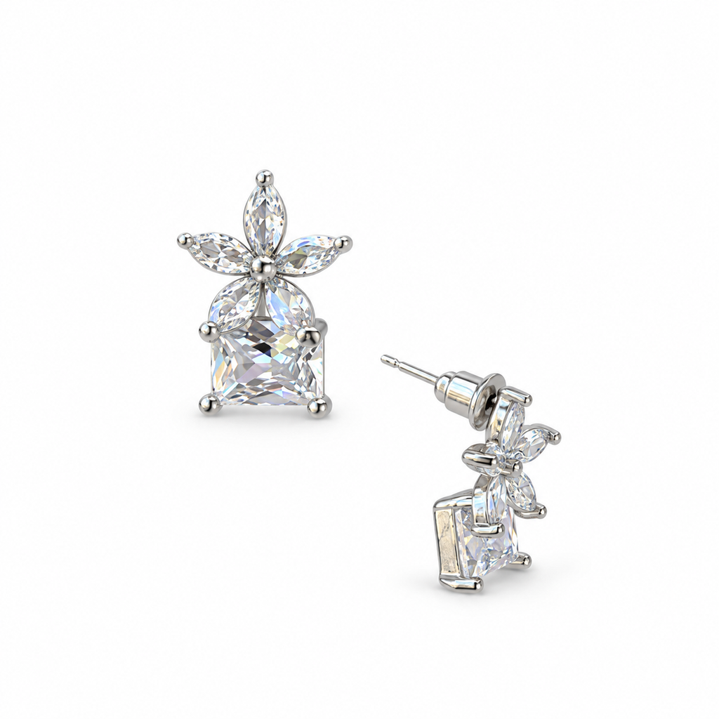 Silver Crystal Floral Stud Earrings - view 3