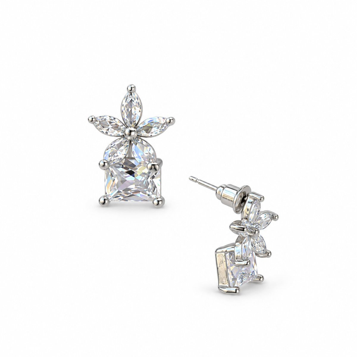 Silver Crystal Floral Stud Earrings - view 3