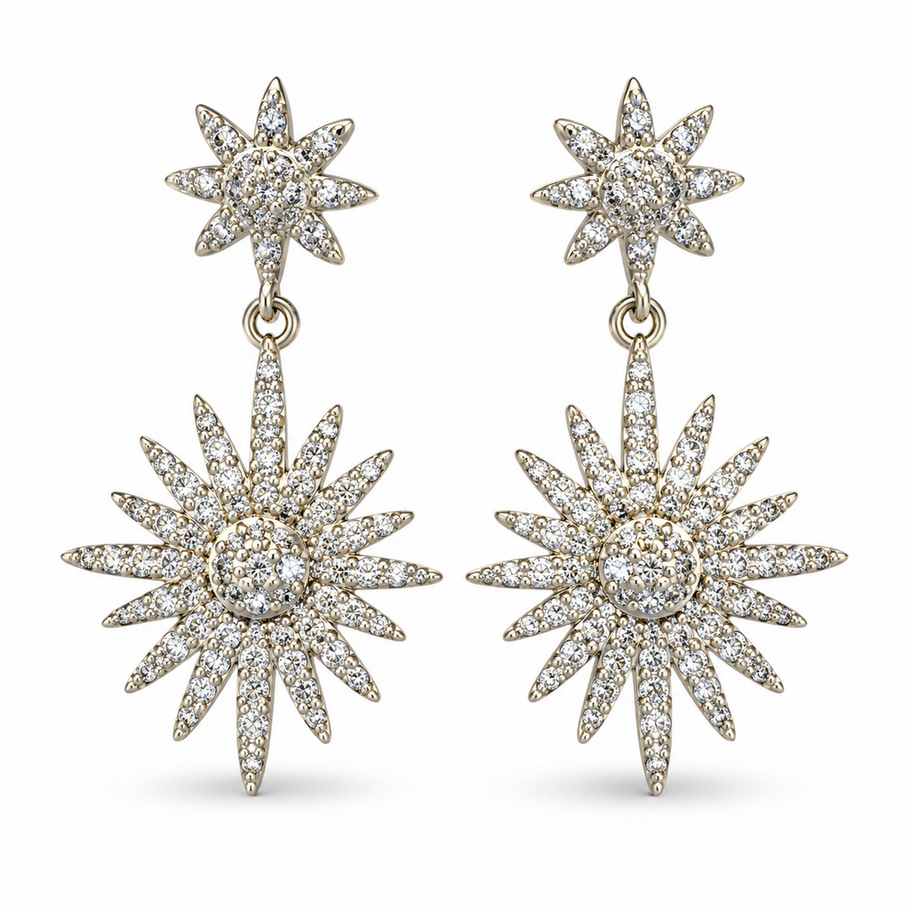 Silver Double Starburst Drop Earrings - view 1