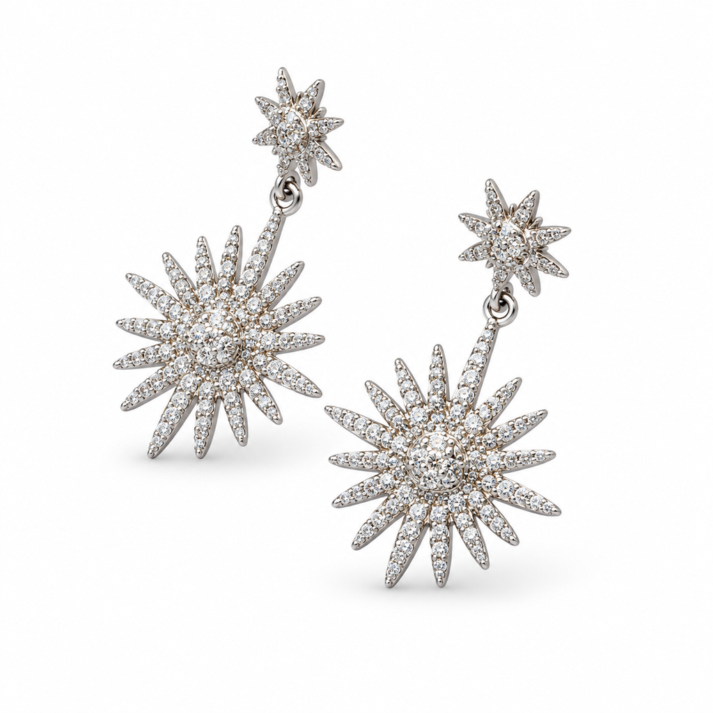 Silver Double Starburst Drop Earrings - view 2