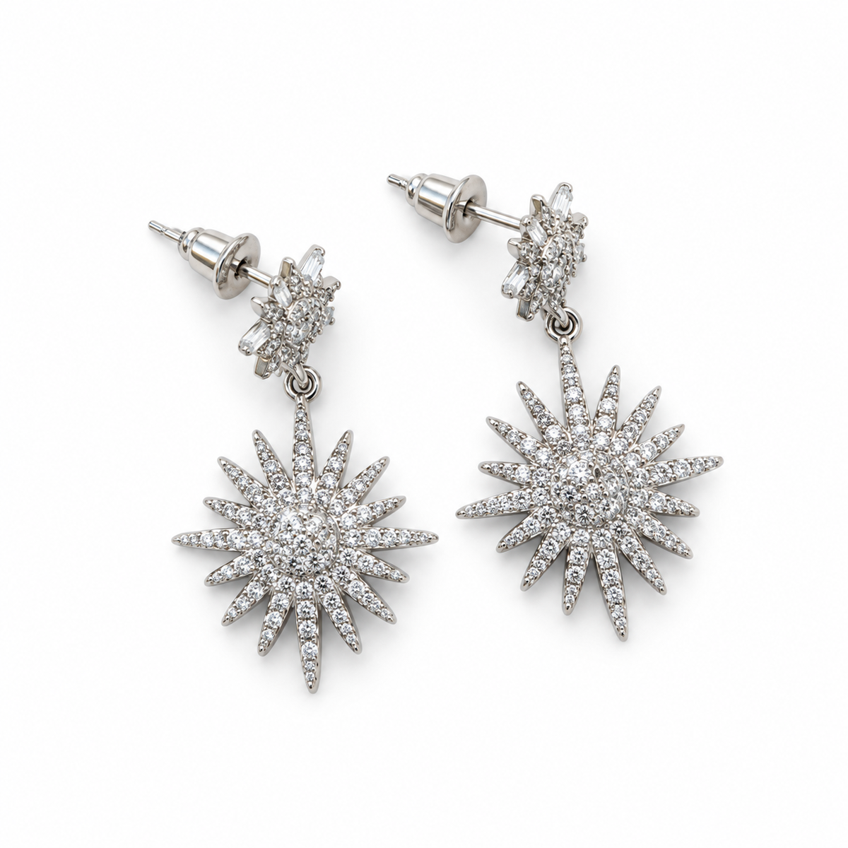 Silver Double Starburst Drop Earrings - view 3