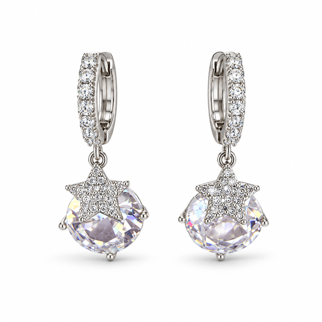 Silver Solitaire Crystal Drop Huggie Earrings - view 1
