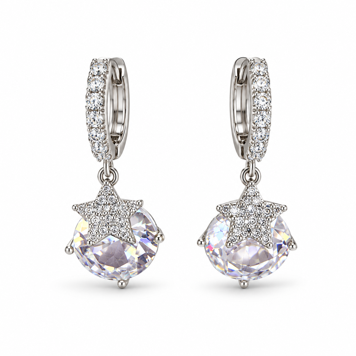 Silver Solitaire Crystal Drop Huggie Earrings - view 1