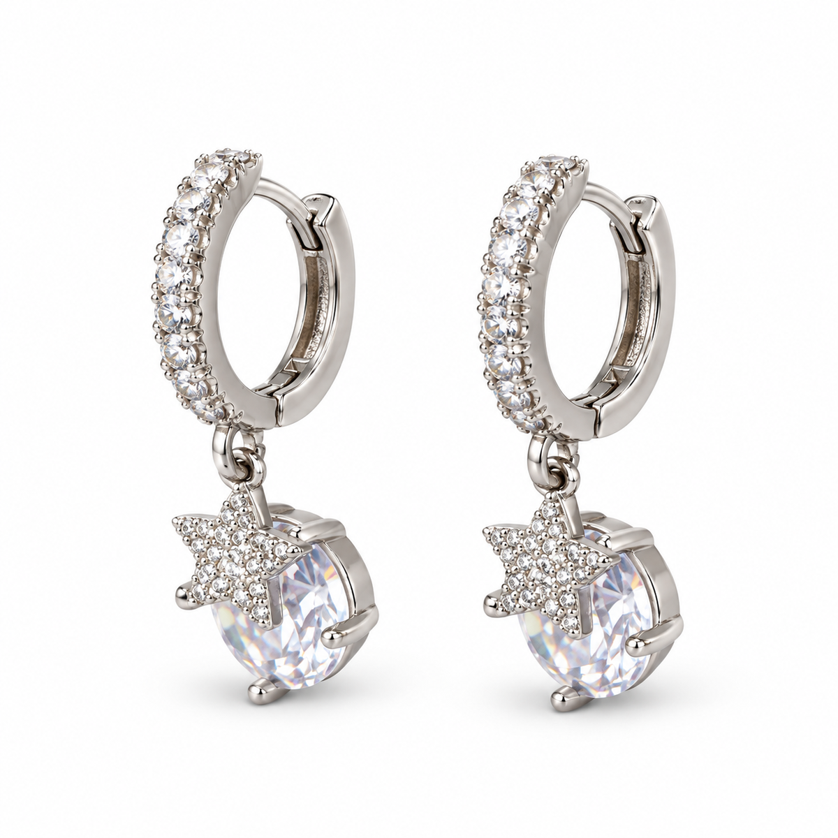 Silver Solitaire Crystal Drop Huggie Earrings - view 2