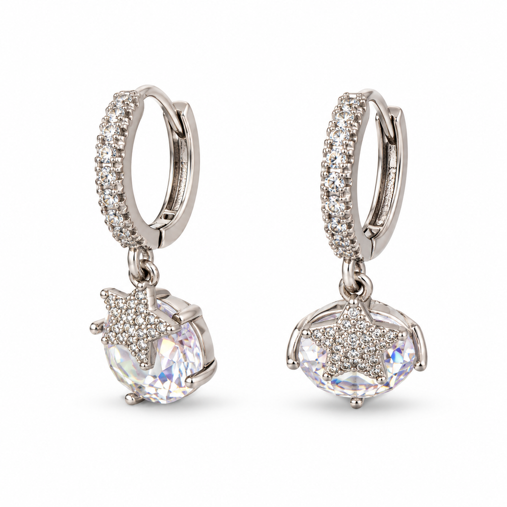 Silver Solitaire Crystal Drop Huggie Earrings - view 3
