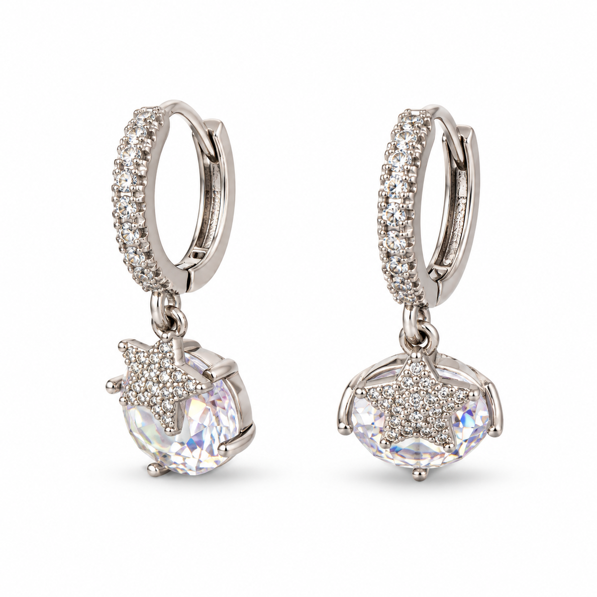 Silver Solitaire Crystal Drop Huggie Earrings - view 3